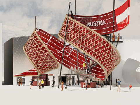 Weltausstellung 2025 Osaka, Österreich Pavillon, Visualisierung während des Tages, Perspektive vorne