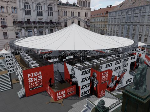 "Thunderdome" Arena für das FIBA 3x3 Olympia-Qualifikationsturnier in Graz