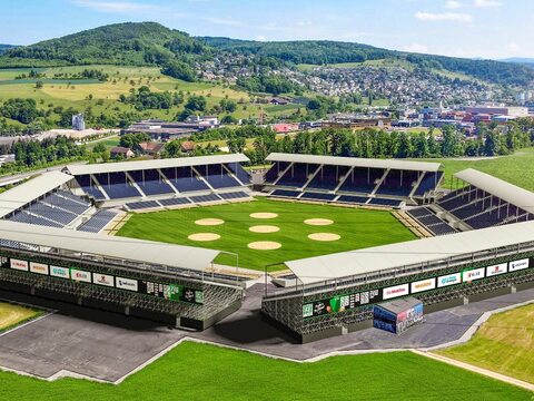 Visualización del estadio del Festival Federal Suizo de Lucha y Alpinismo (FSLA) Pratteln en la región de Basilea