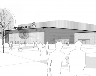 Sport- und Veranstaltungshalle am Tillypark. Visualisierung der Halle, Aussenansicht.  