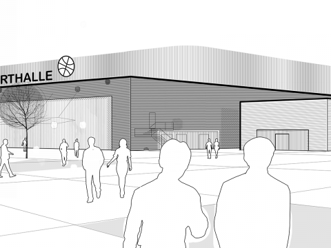 Multi-functional Sports and Events Hall  Kia Metropol Arena am Tillypark, Rendering outside view.
