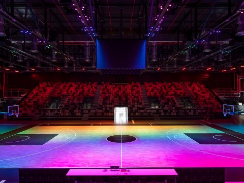 the hall is outfitted with high-performance LED lighting system that supplies both white and full-color light.