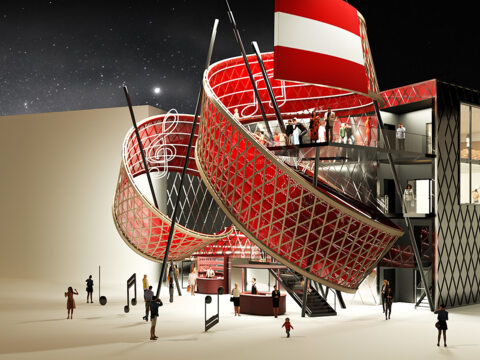 Weltausstellung Expo 2025 Osaka, Österreich Pavillon, Visualisierung bei Nacht, perspektivische Seite