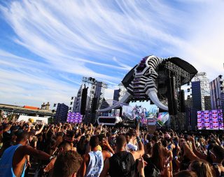 Picture: A gigantic, 21-meter high elephant head dominated the main stage of the Electric Zoo Festival 2017.
